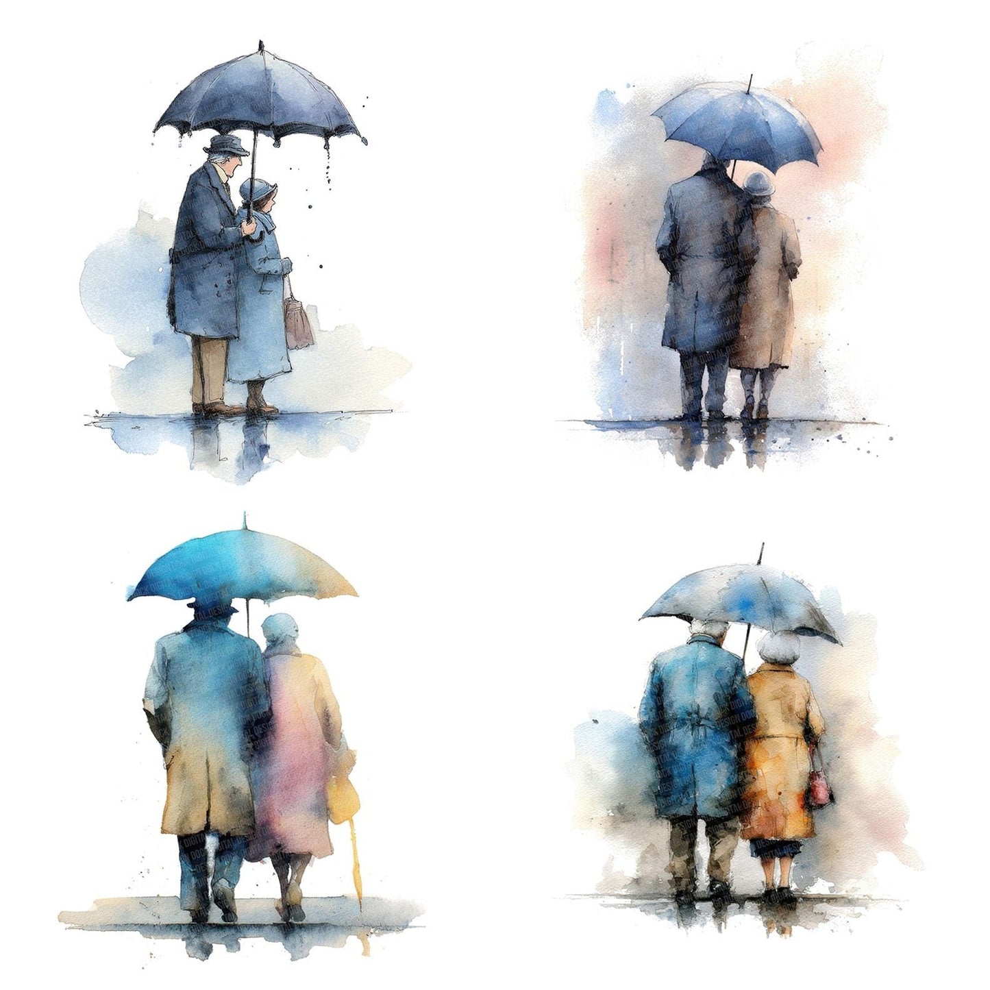 Old Couple Under Umbrella Clipart Set (DDD006198)