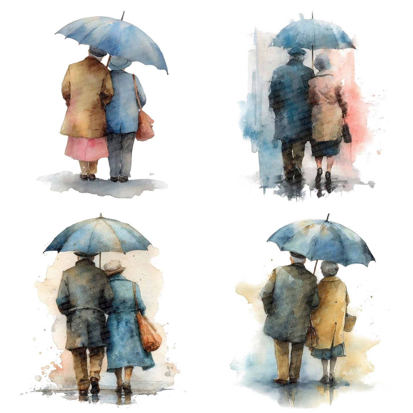 Old Couple Under Umbrella Clipart Set (DDD006198)