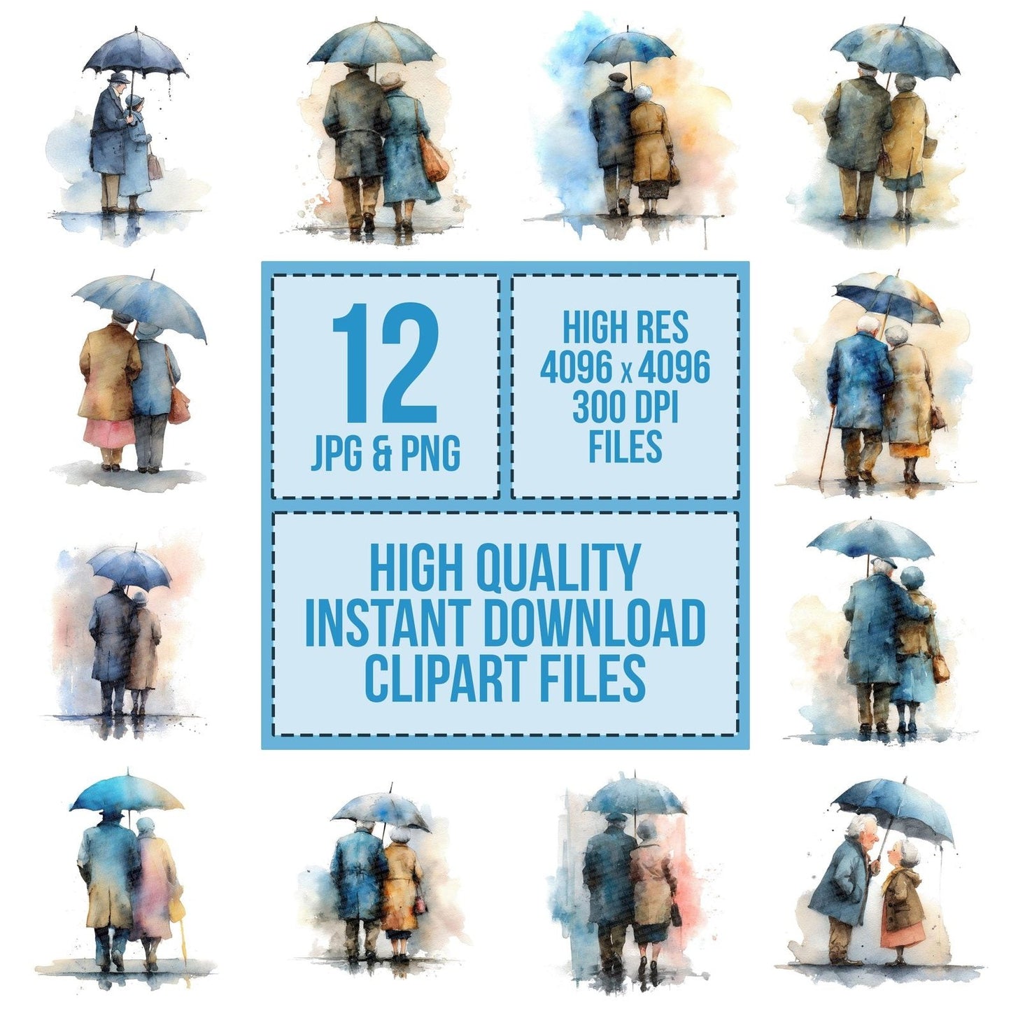Old Couple Under Umbrella Clipart Set (DDD006198)