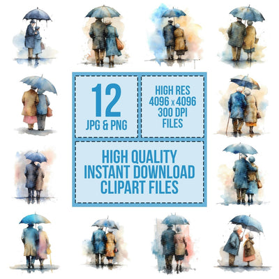 Old Couple Under Umbrella clipart set cover showing the designs and file details