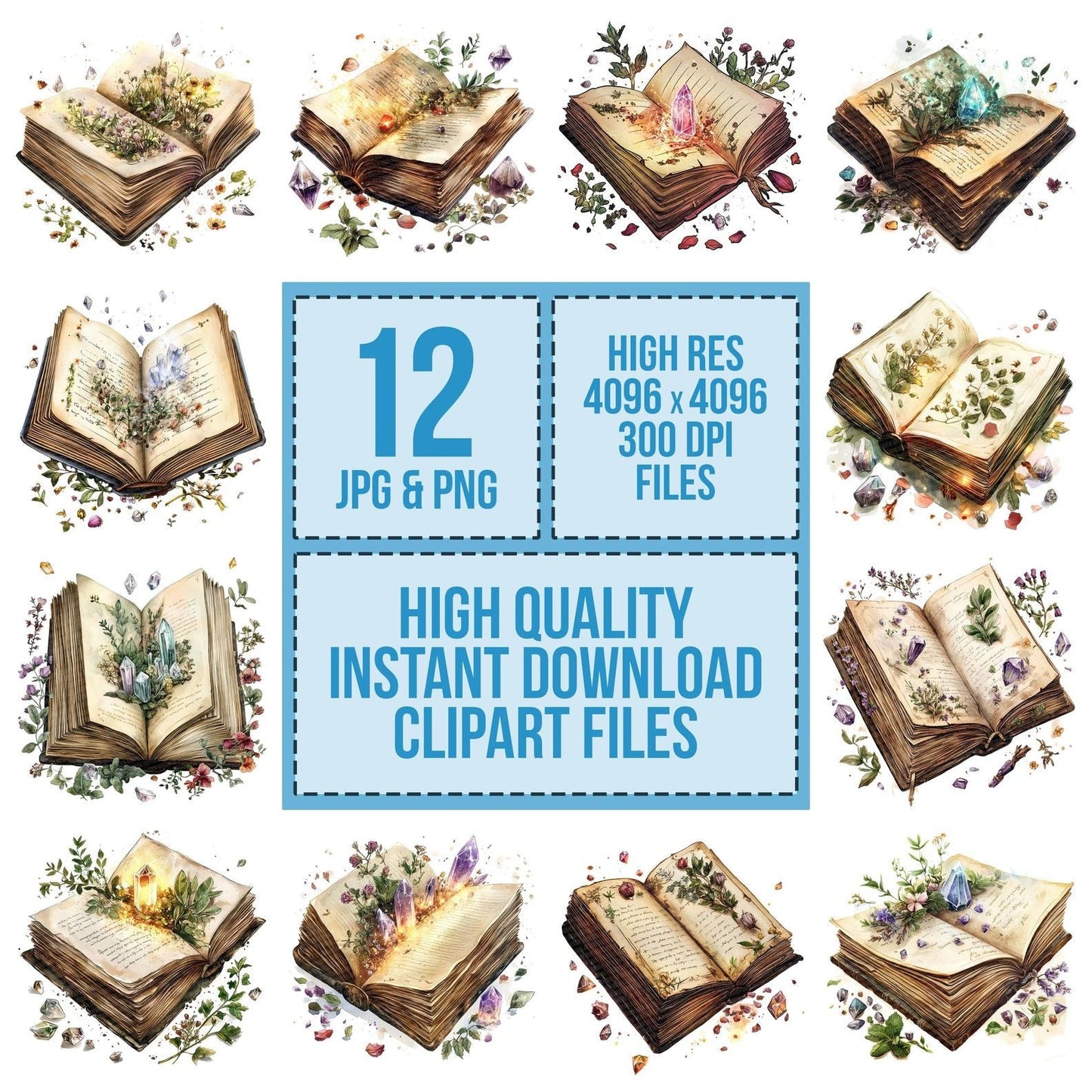 Open Spellbook with Crystals Clipart Set (DDD006216)