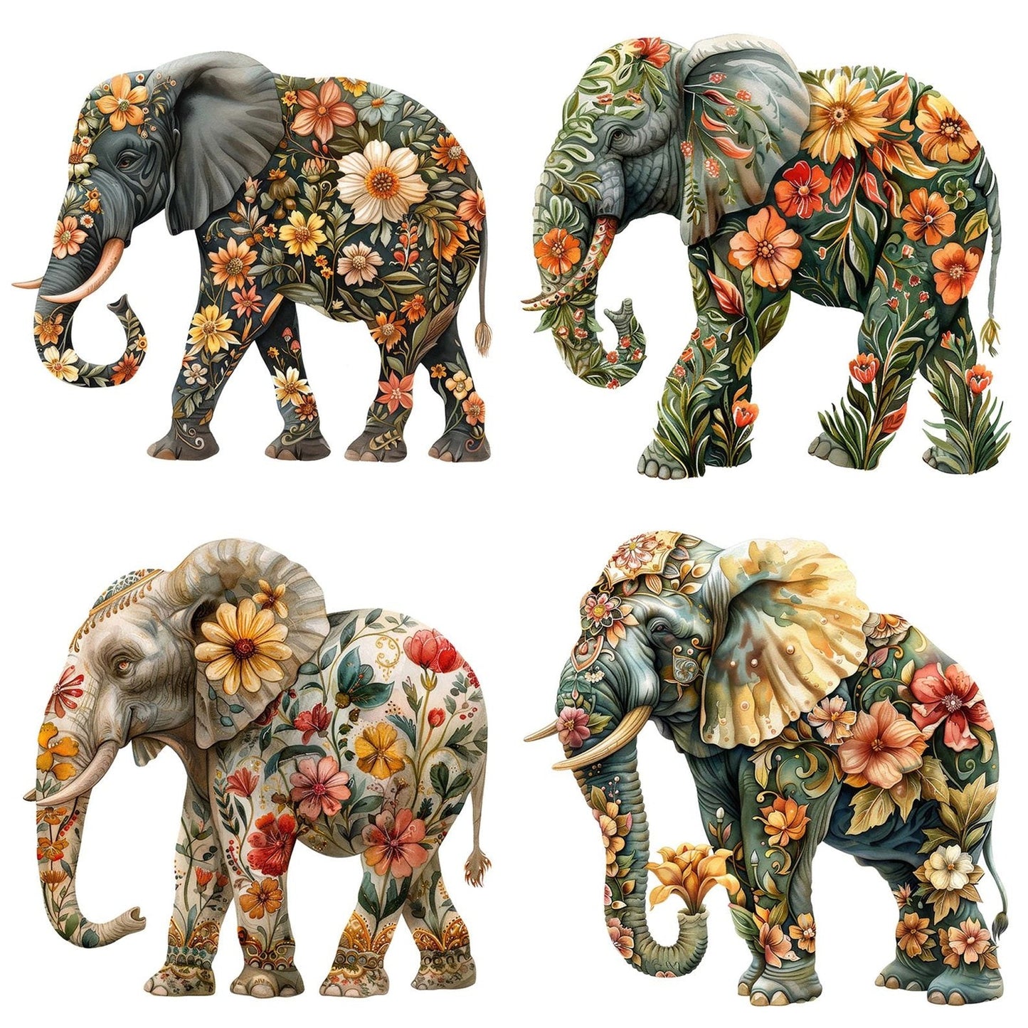 Ornate Floral Elephant Clipart Set (DDD006221)