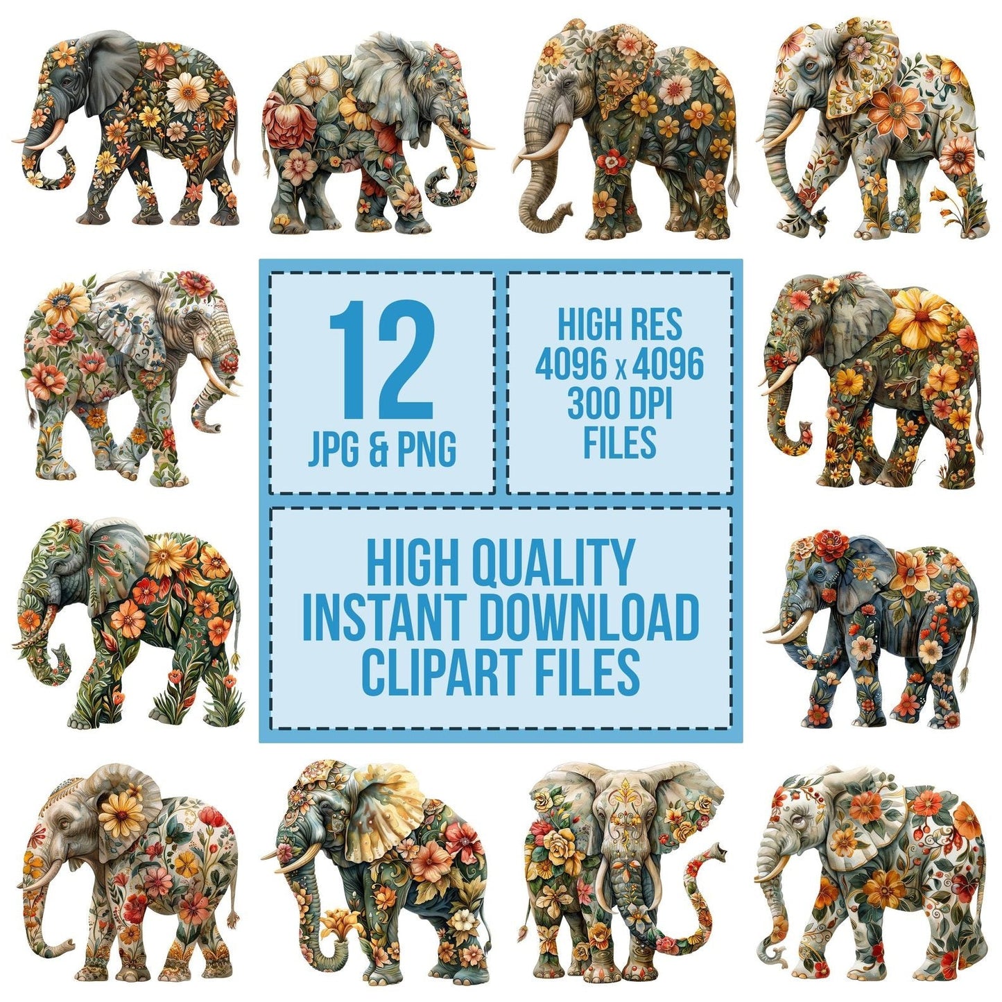 Ornate Floral Elephant Clipart Set (DDD006221)