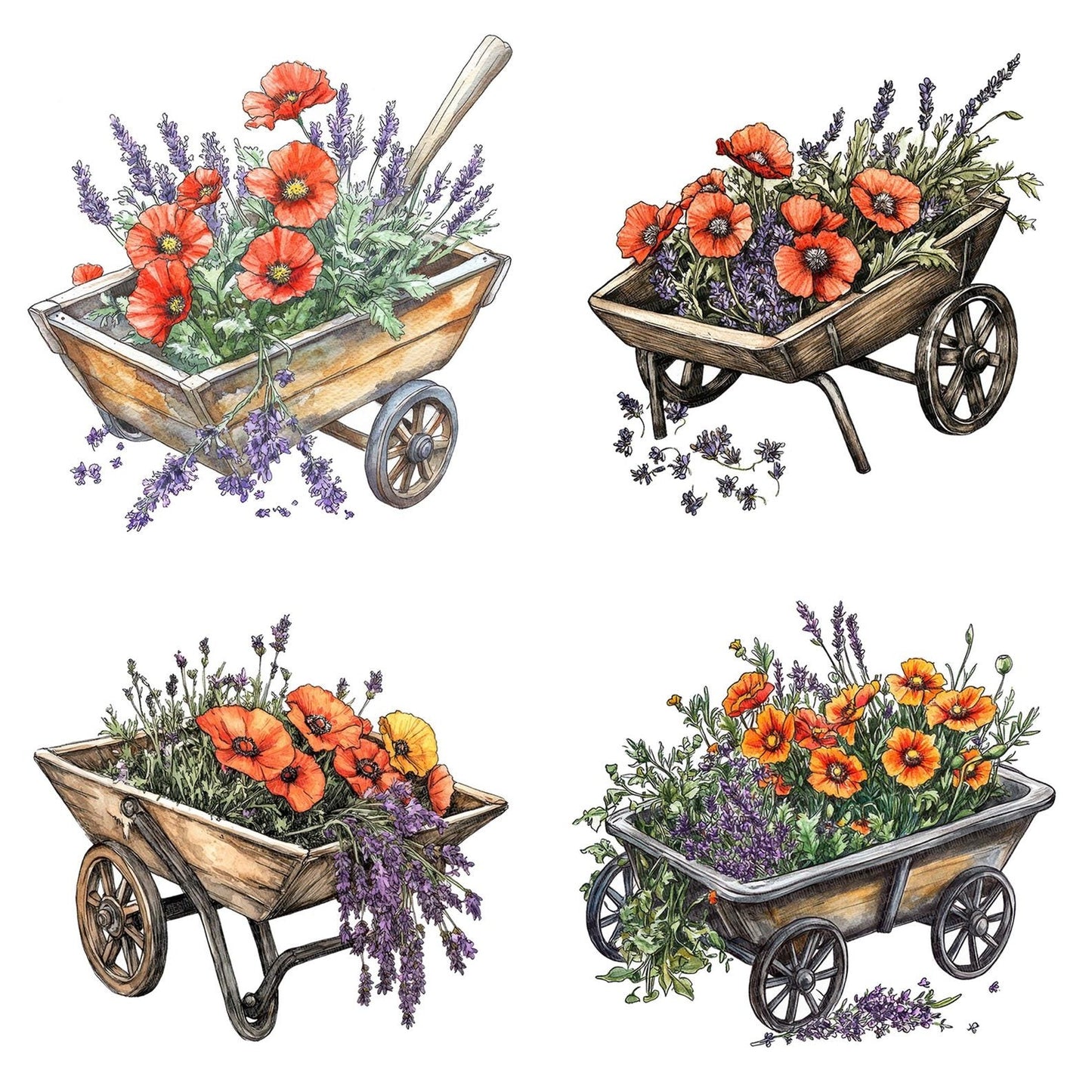 Overflowing Floral Wheelbarrow Clipart Set (DDD006226)