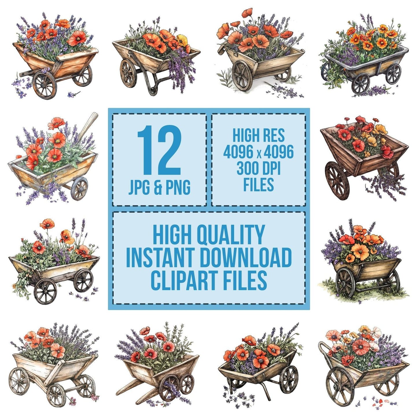 Overflowing Floral Wheelbarrow Clipart Set (DDD006226)