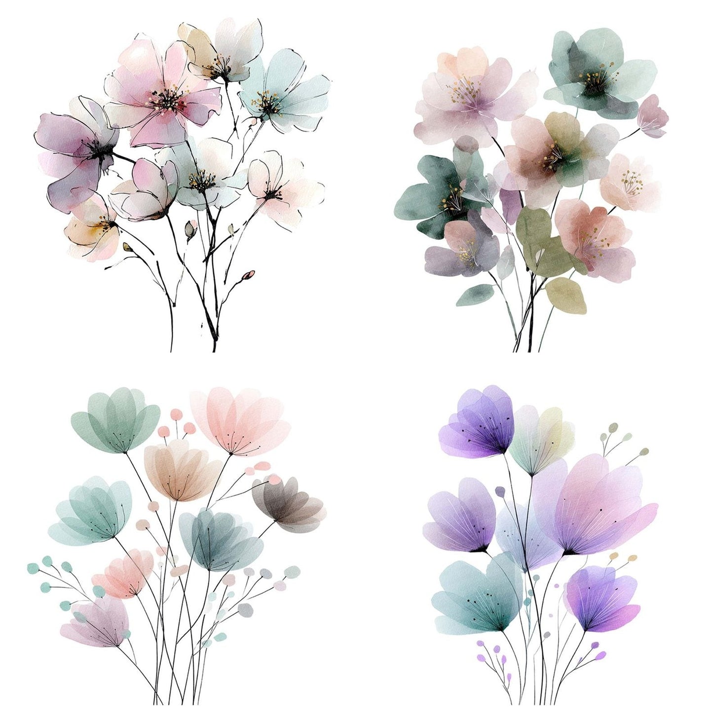 Pastel Abstract Wildflower Bouquet Clipart Set (DDD006247)
