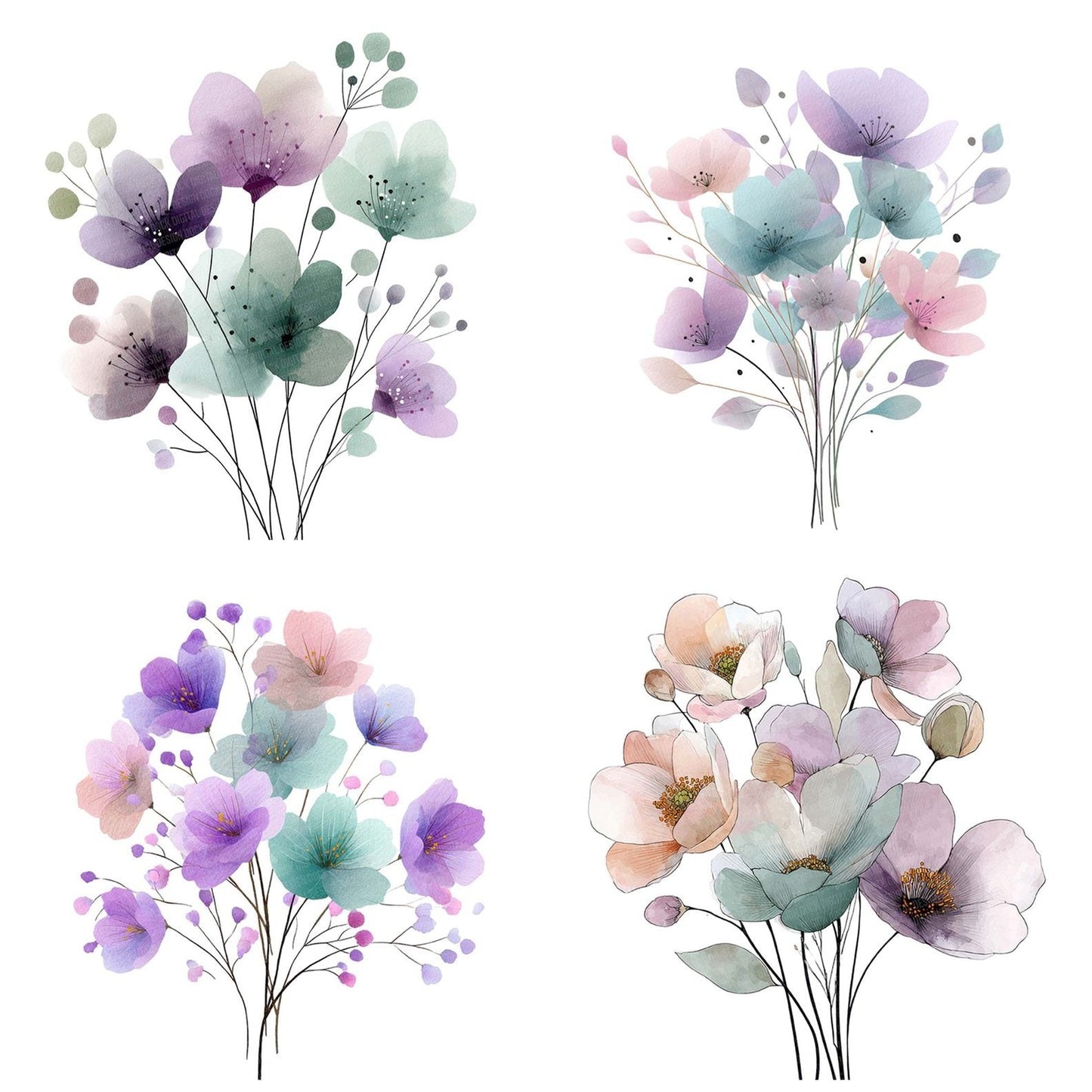 Pastel Abstract Wildflower Bouquet Clipart Set (DDD006247)