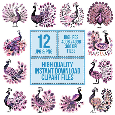 Pastel Peacock Motif clipart set cover showing the designs and file details