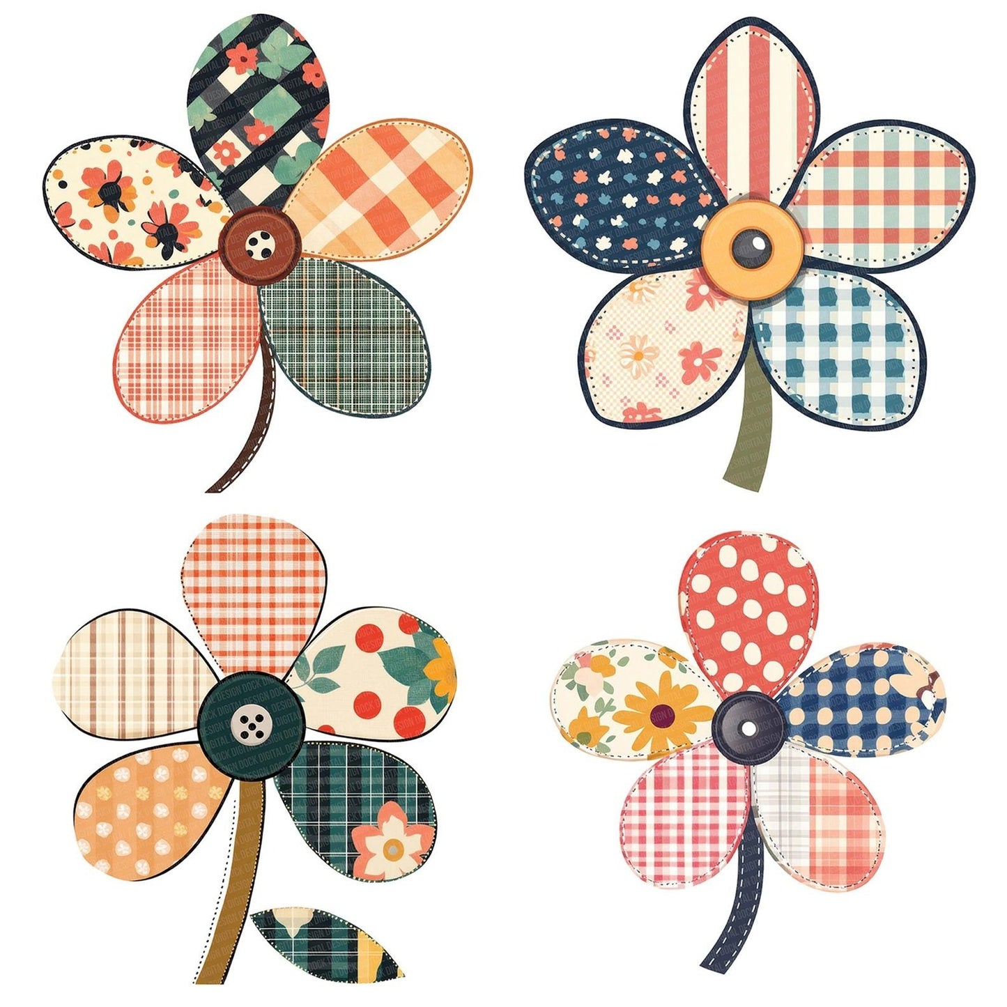 Patchwork Fabric Button Flower Clipart Set (DDD006263)