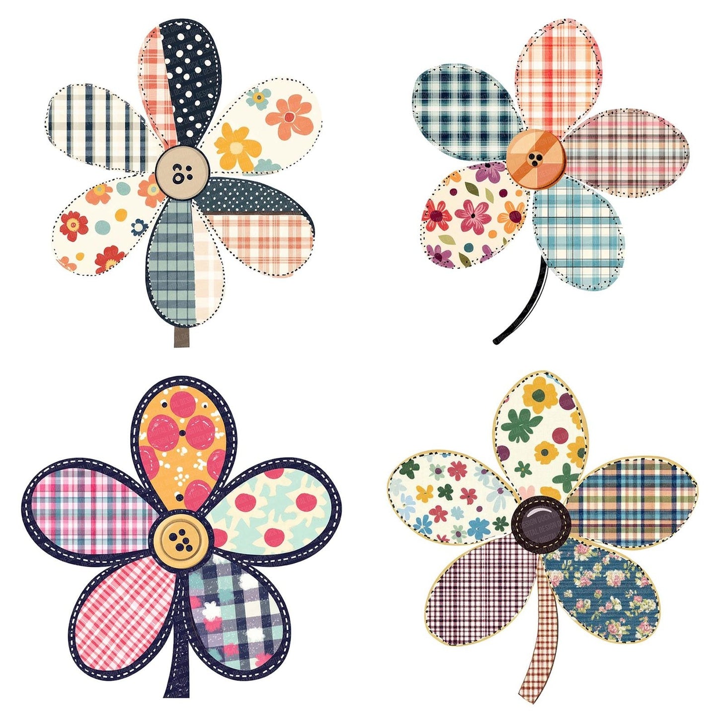 Patchwork Fabric Button Flower Clipart Set (DDD006263)