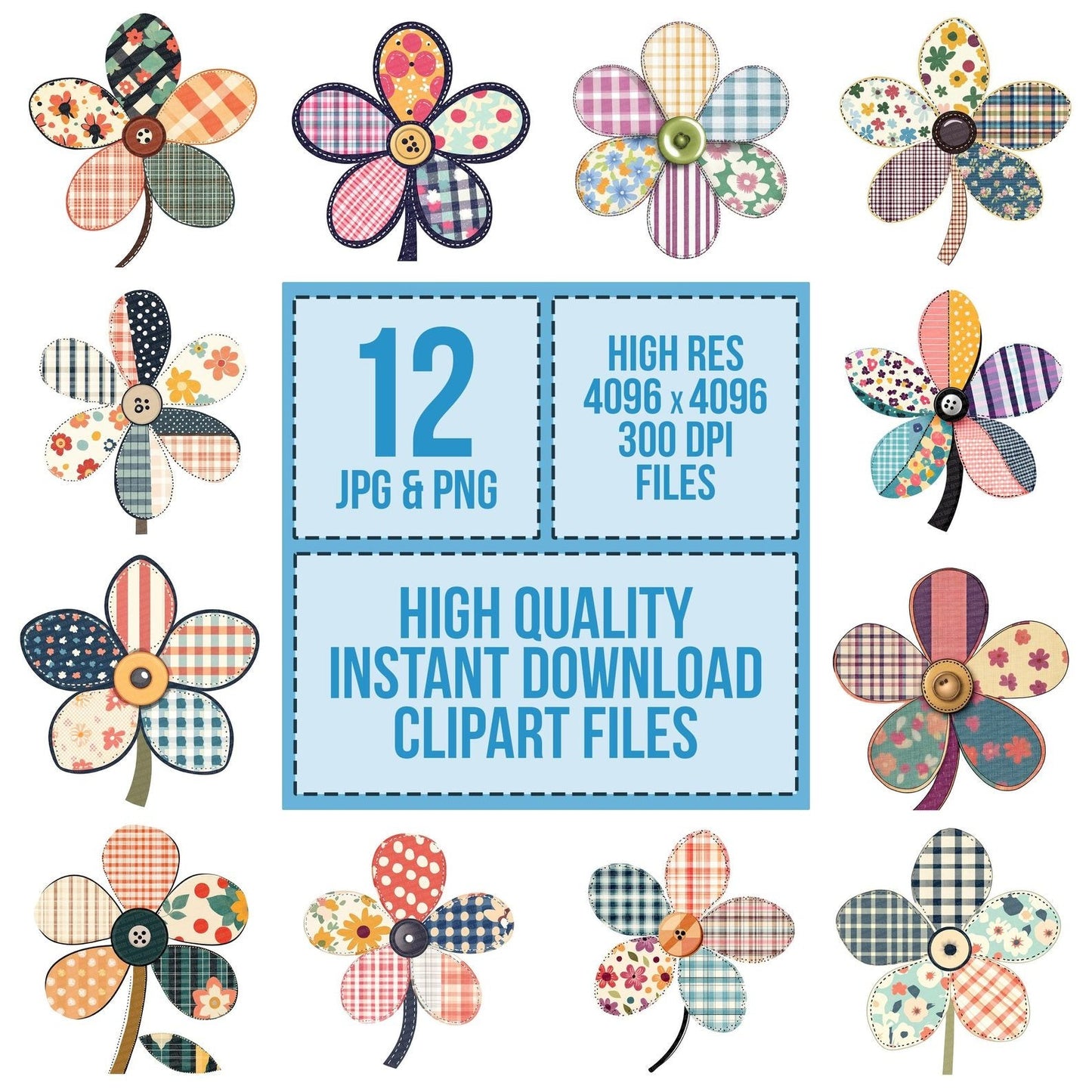 Patchwork Fabric Button Flower Clipart Set (DDD006263)