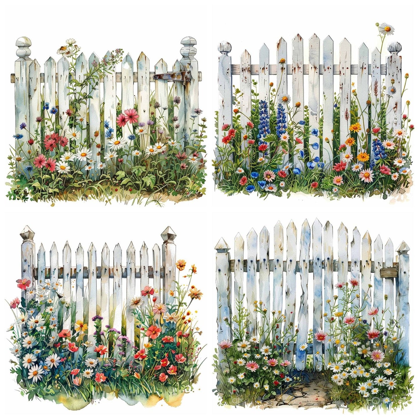 Picket Gate Fence Wildflowers Clipart Set (DDD006288)