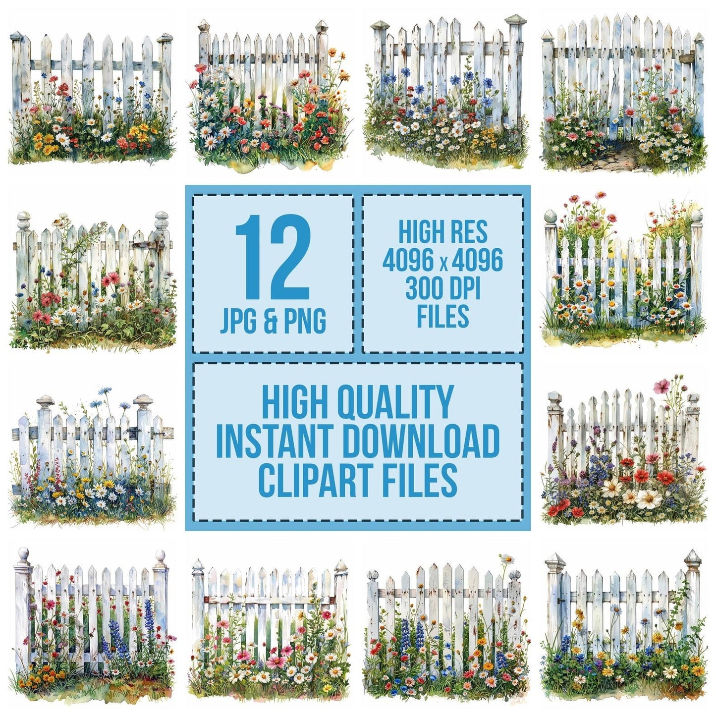 Picket Gate Fence Wildflowers Clipart Set (DDD006288)
