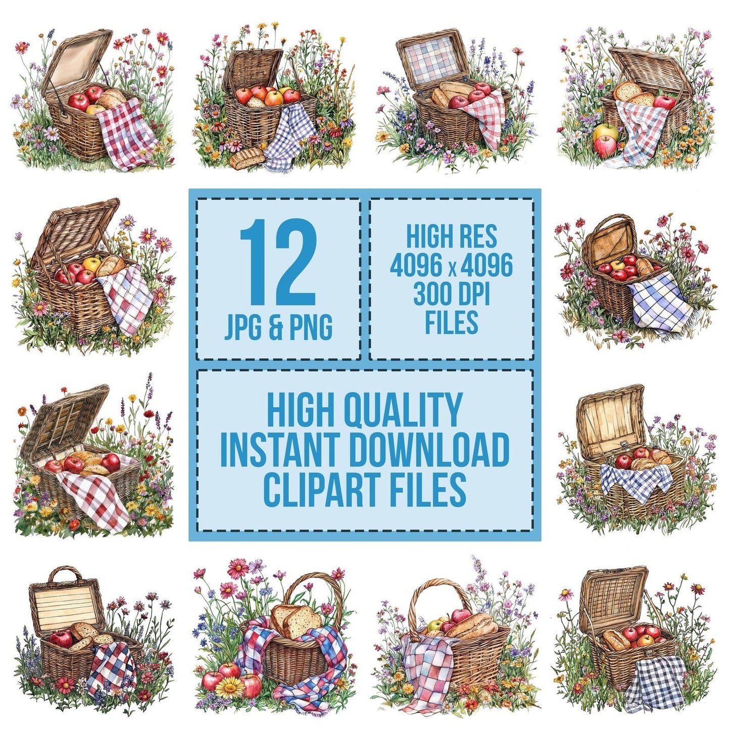 Picnic Basket in Wildflowers Clipart Set (DDD006289)