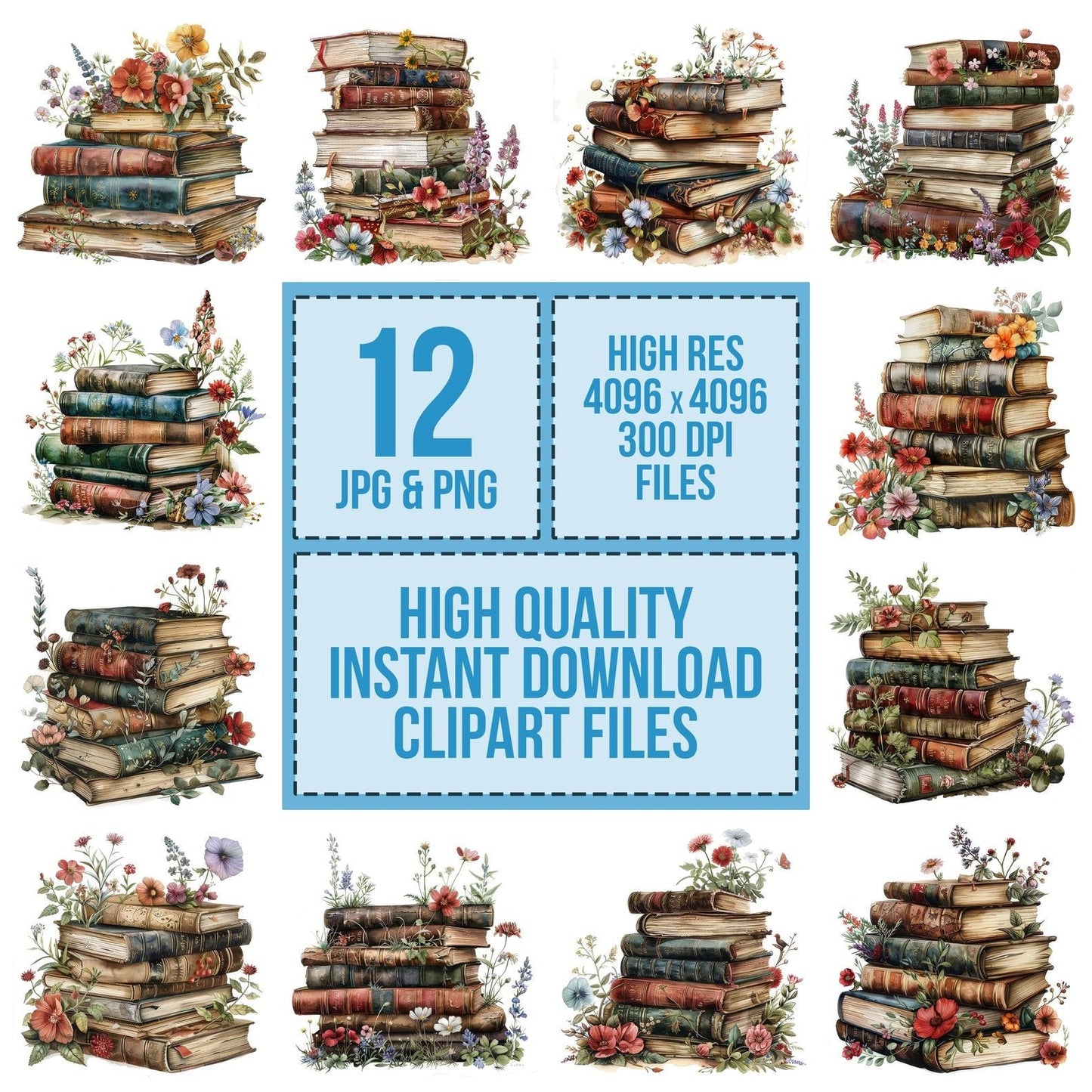 Pile of Vintage Floral Books Clipart Set (DDD006292)