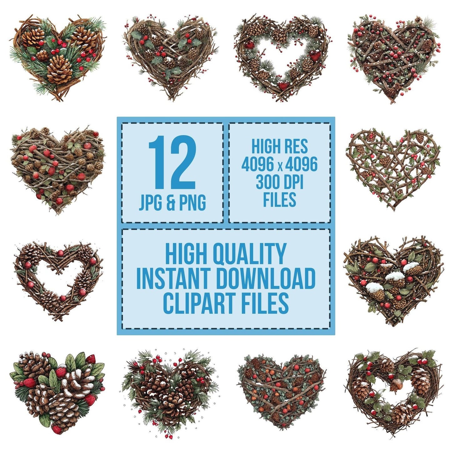 Pine Branch Christmas Heart Clipart Set (DDD006294)
