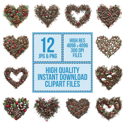 Pine Branch Christmas Heart clipart set cover showing the designs and file details