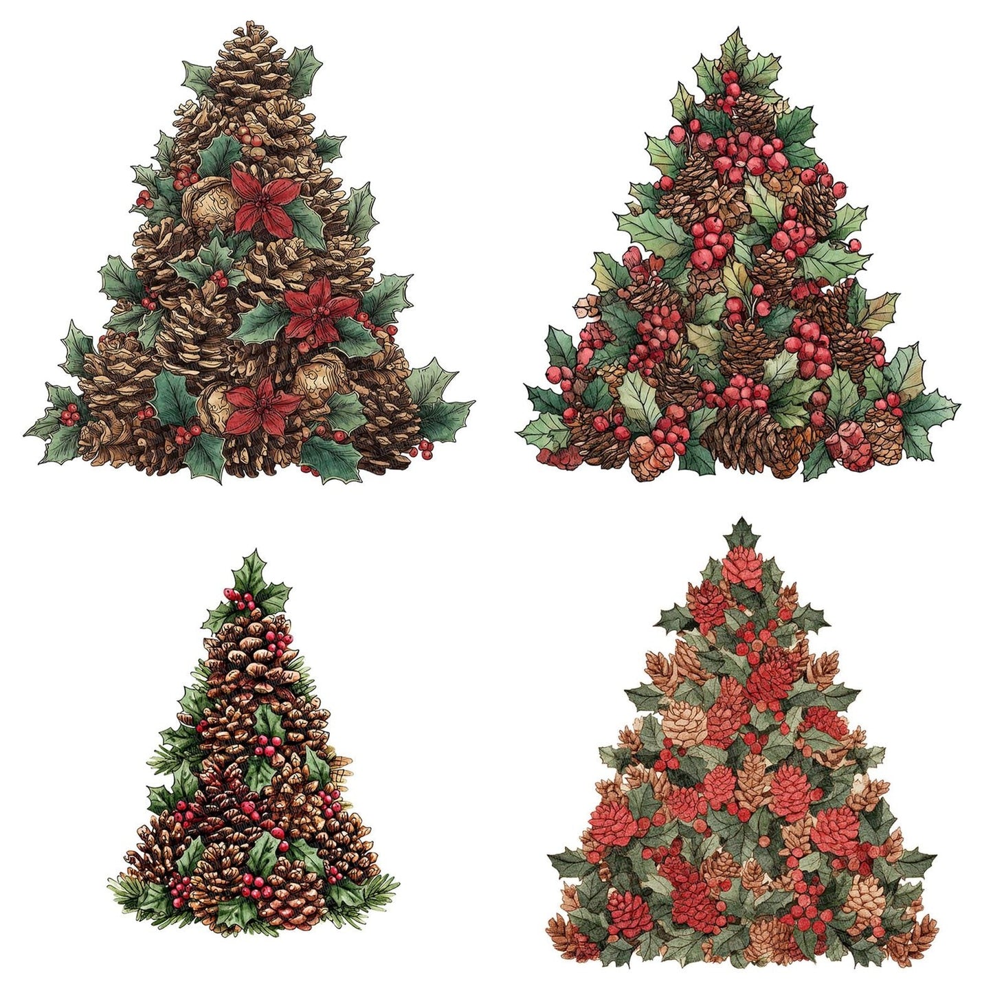Pinecone Holly Christmas Tree Clipart Set (DDD006297)