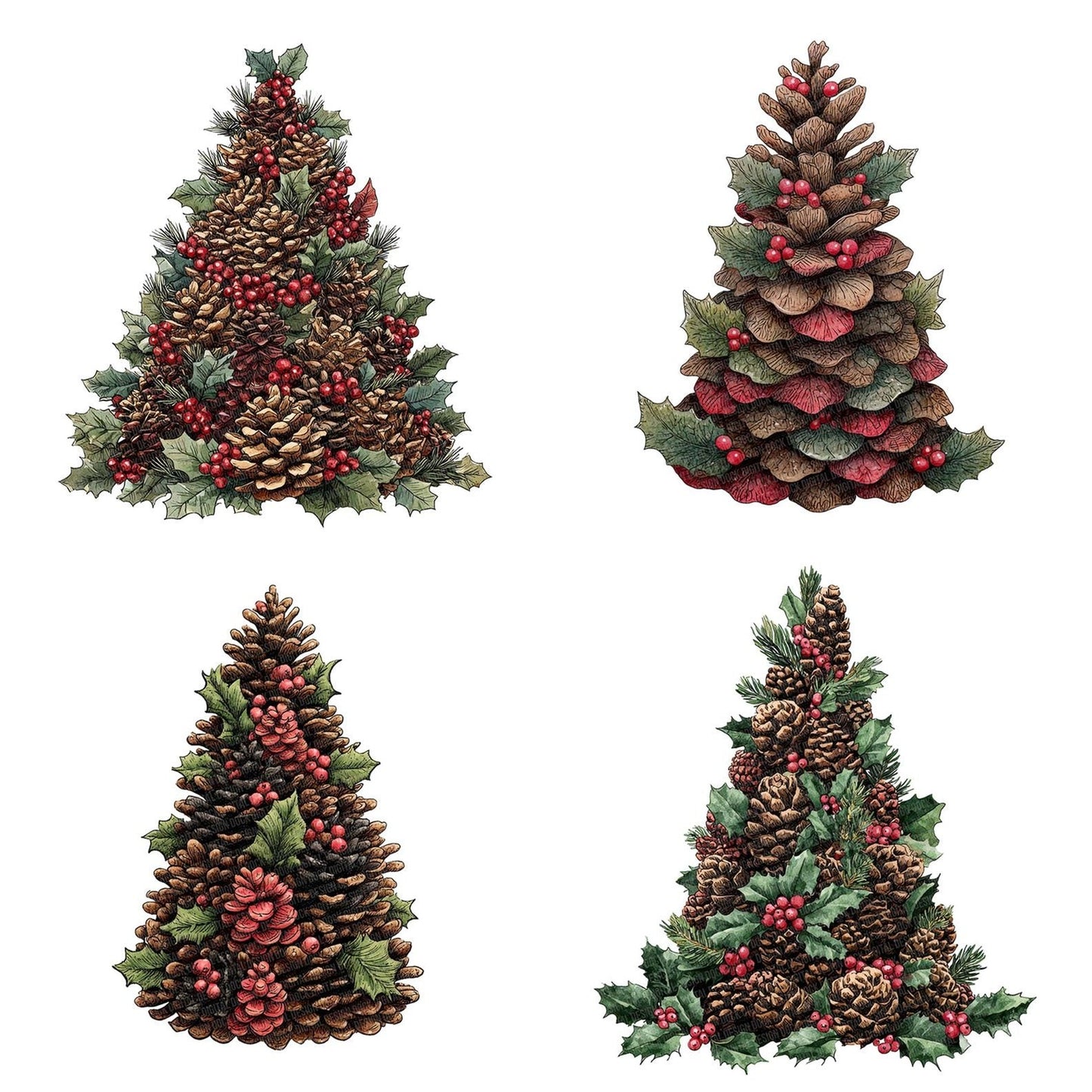 Pinecone Holly Christmas Tree Clipart Set (DDD006297)
