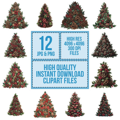 Pinecone Holly Christmas Tree clipart set cover showing the designs and file details