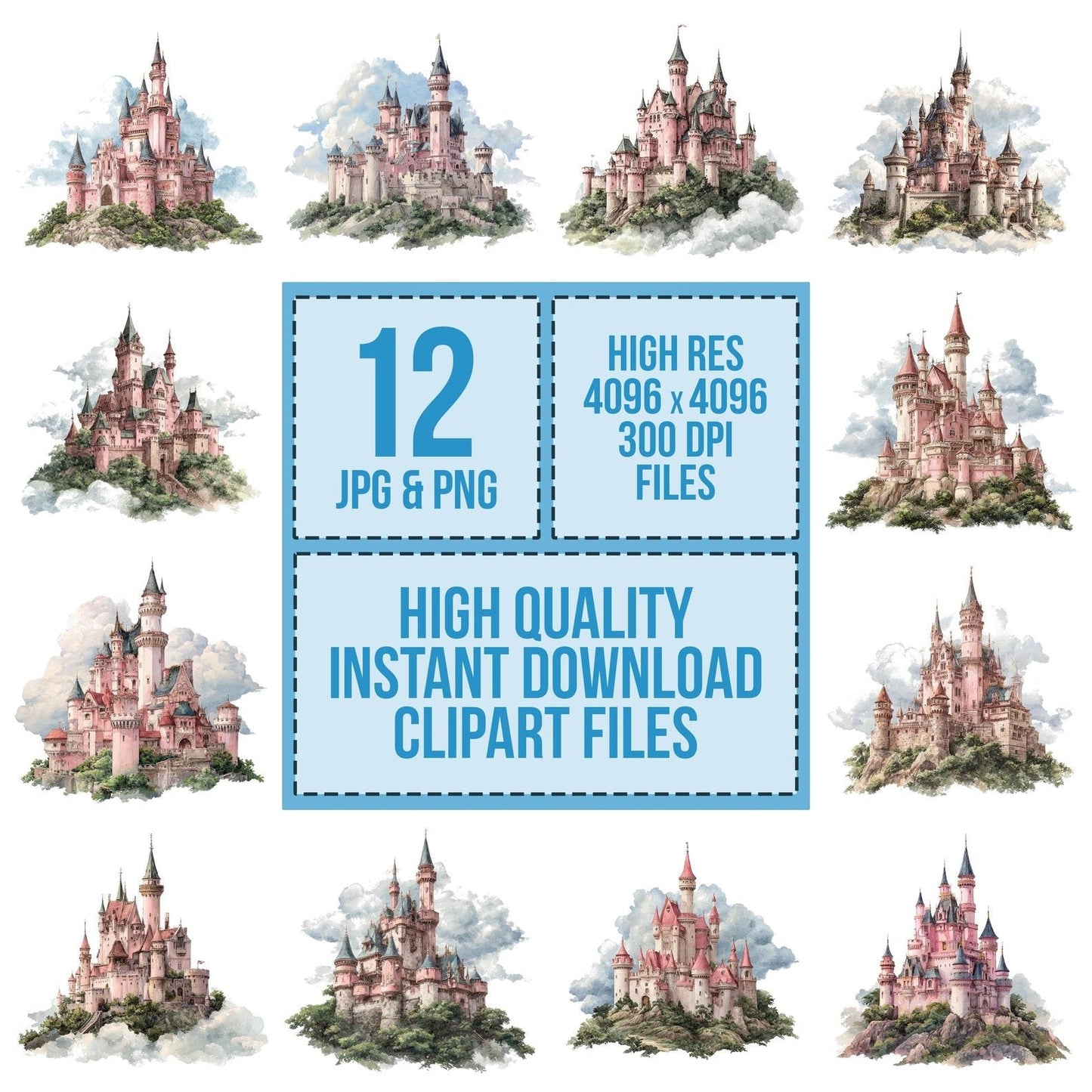 Pink Princess Castle on Hill Clipart Set (DDD006307)