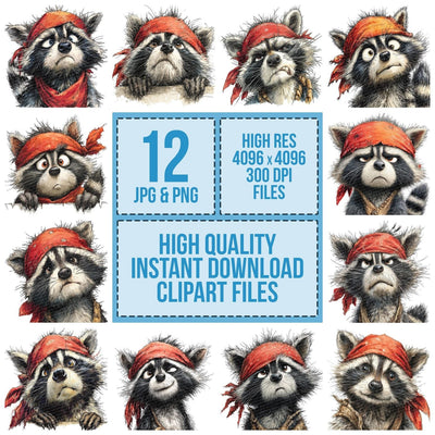 Pirate Raccoon Portrait clipart set cover showing the designs and file details