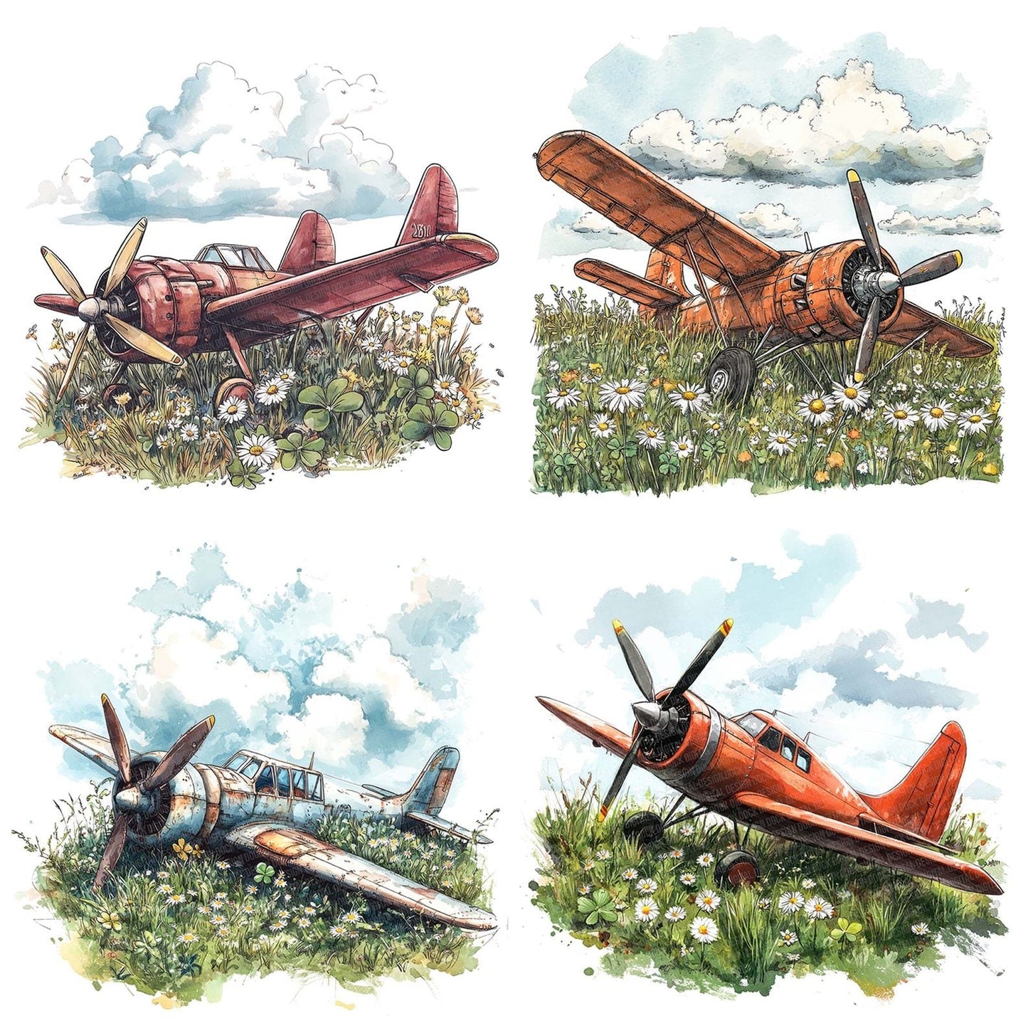 Plane in Wildflowers Clipart Set (DDD006324)