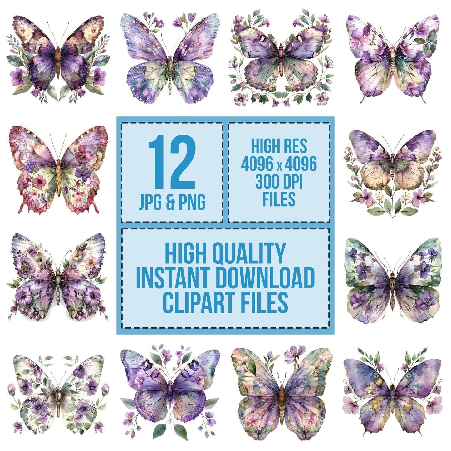 Purple Watercolour Floral Butterfly Clipart Set (DDD006368)