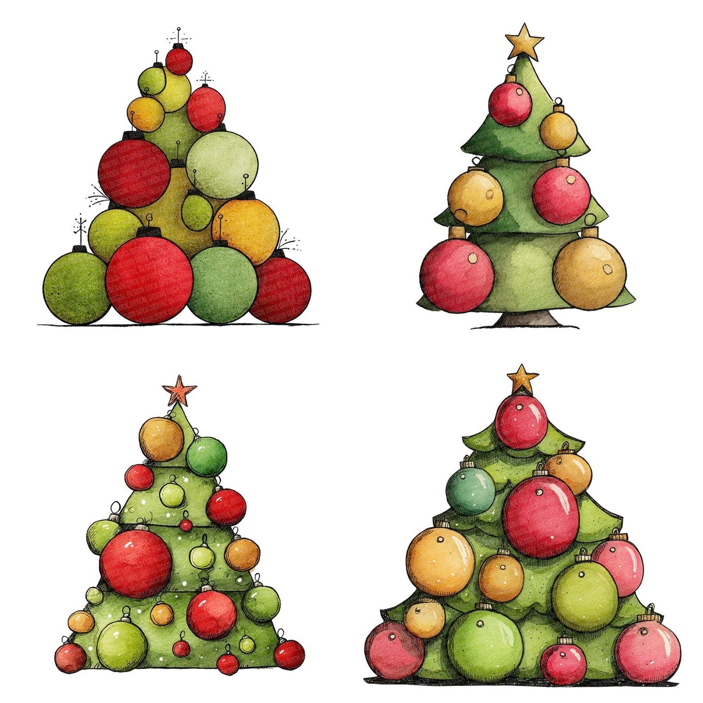 Quirky Cartoon Christmas Tree Clipart Set (DDD006372)