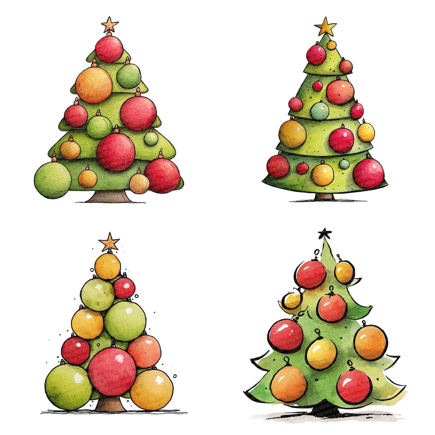 Quirky Cartoon Christmas Tree Clipart Set (DDD006372)