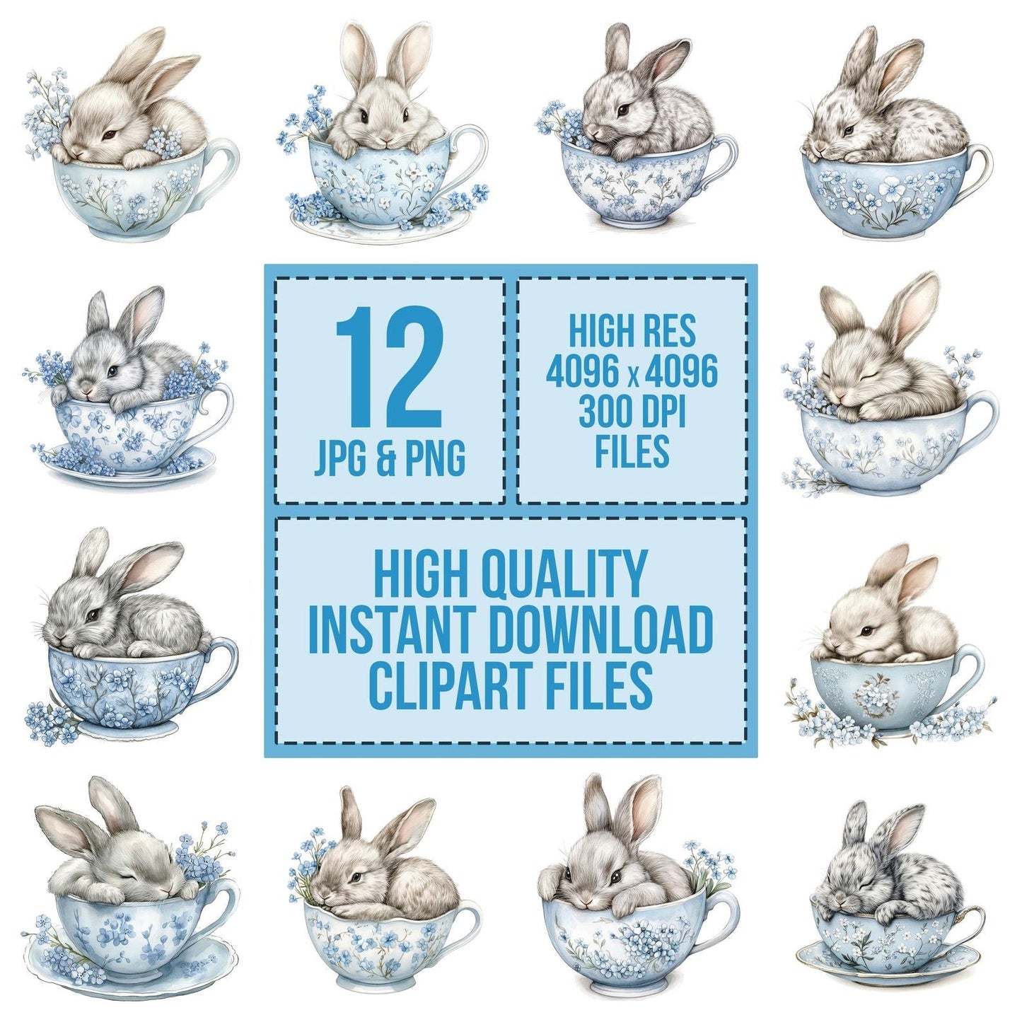 Rabbit in Blue Teacup Clipart Set (DDD006380)