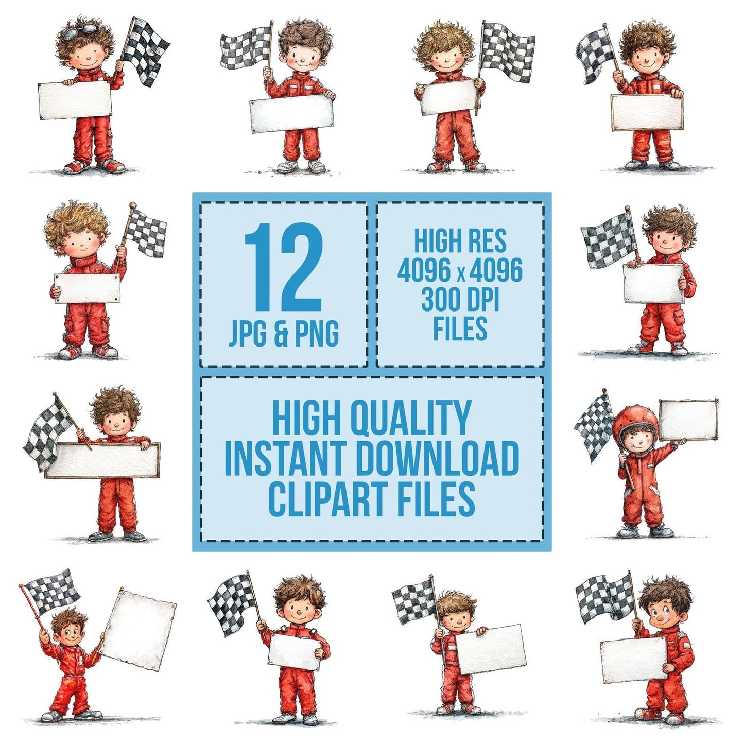 Race Car Driver Boy with Banner Clipart Set (DDD006383)