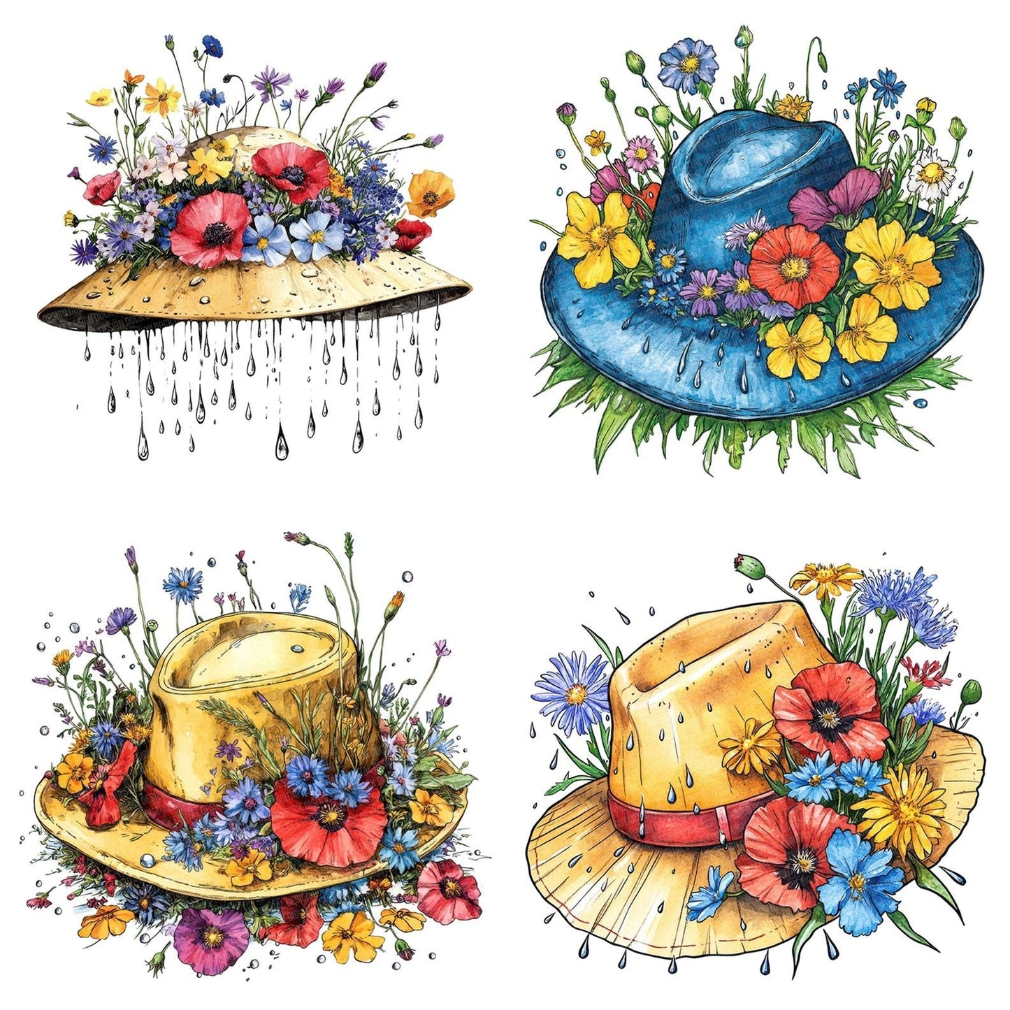Rain Hat with Wildflowers Clipart Set (DDD006385)