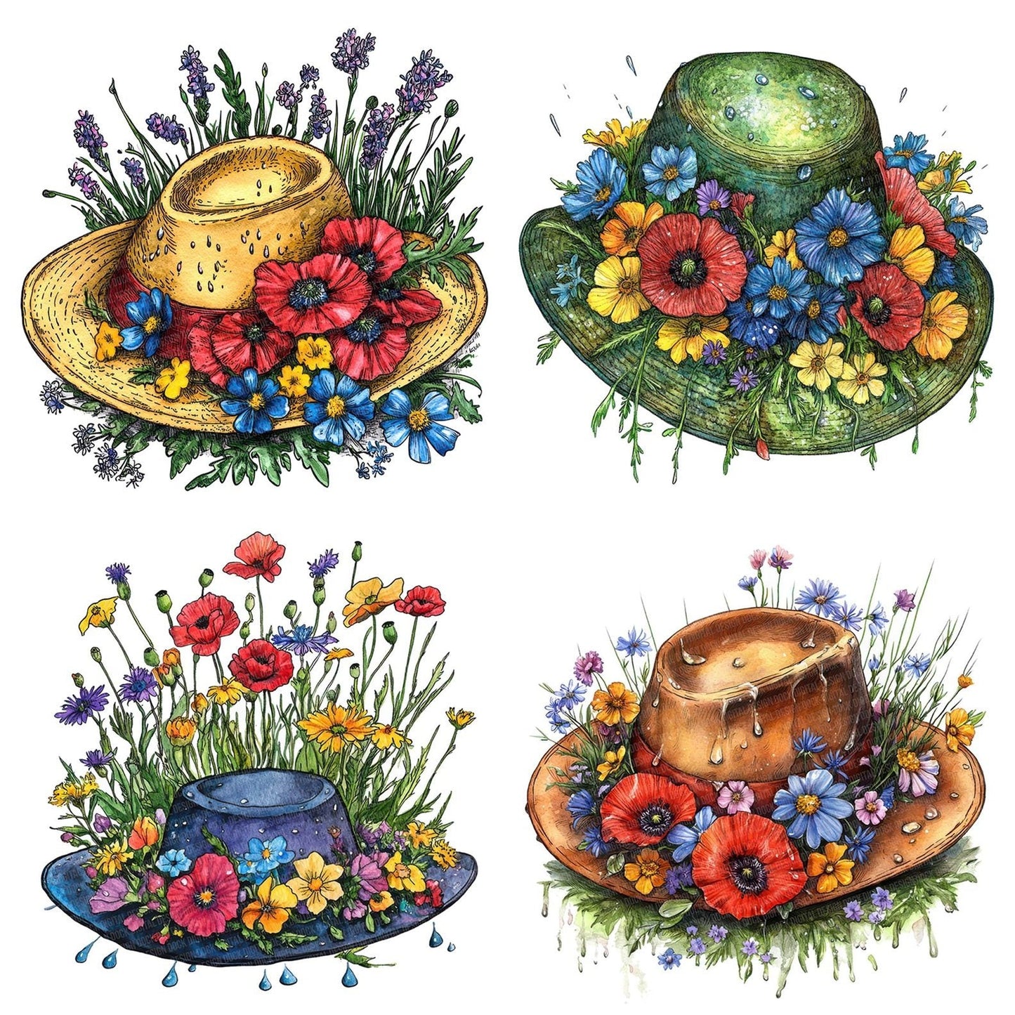 Rain Hat with Wildflowers Clipart Set (DDD006385)