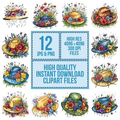 Rain Hat with Wildflowers clipart set cover showing the designs and file details