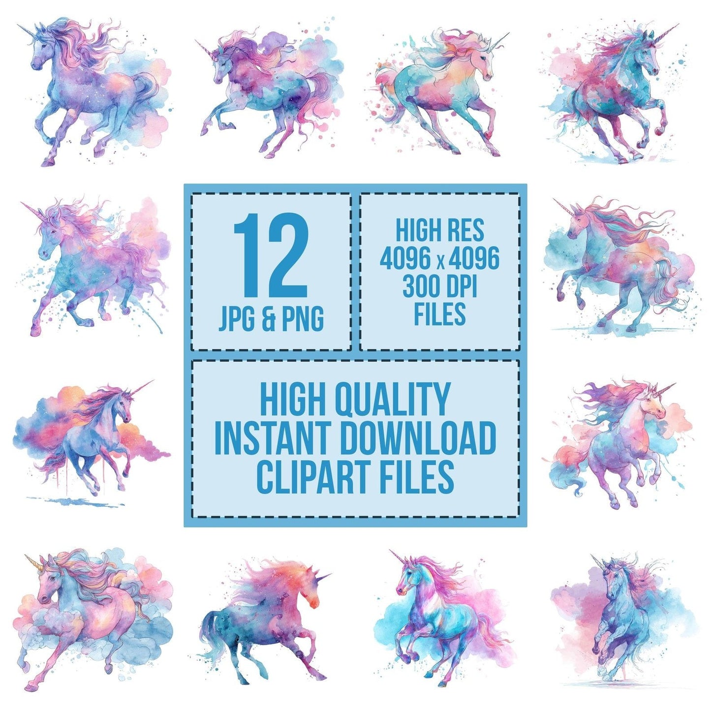 Rainbow Watercolour Unicorn Clipart Set (DDD006391)