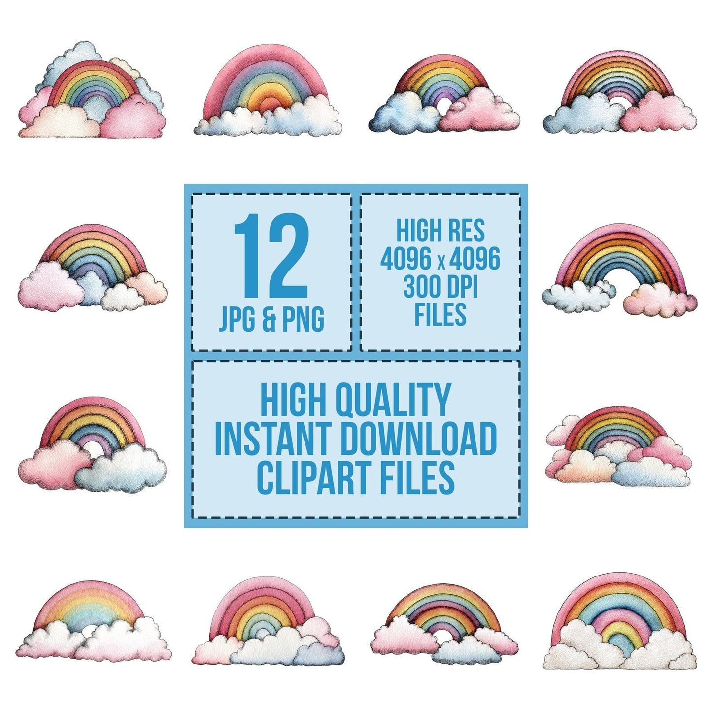 Rainbow with Clouds Watercolour Clipart Clipart Set (DDD006392)