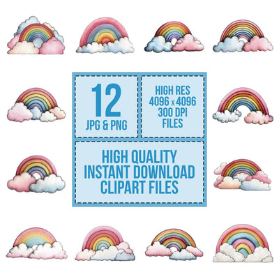 Rainbow with Clouds Watercolour Clipart Clipart Set (DDD006392)