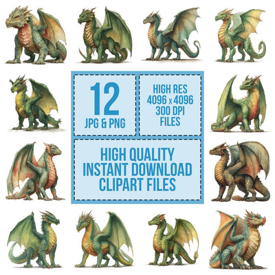 Realistic Medieval Dragon clipart set cover showing the designs and file details