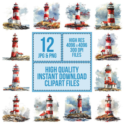 Red and White Lighthouse clipart set cover showing the designs and file details