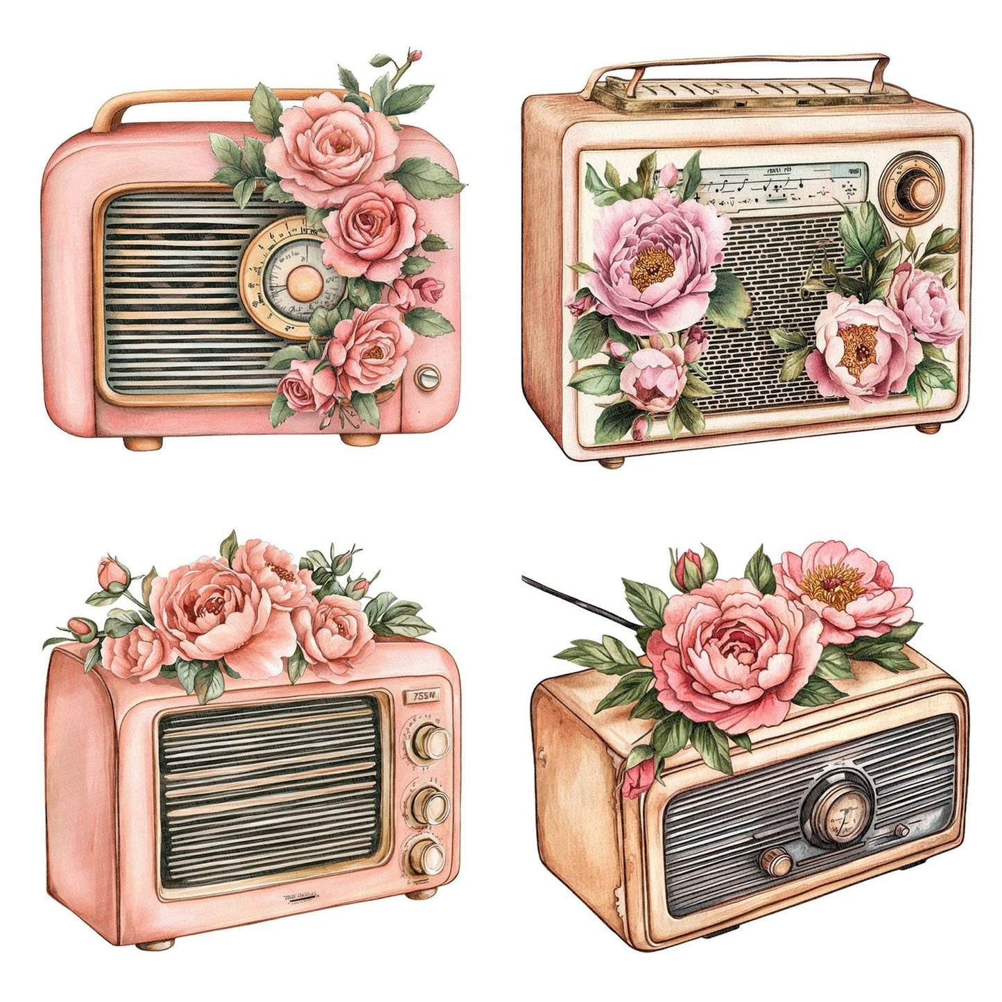 Retro Radio with Florals Clipart Set (DDD006418)