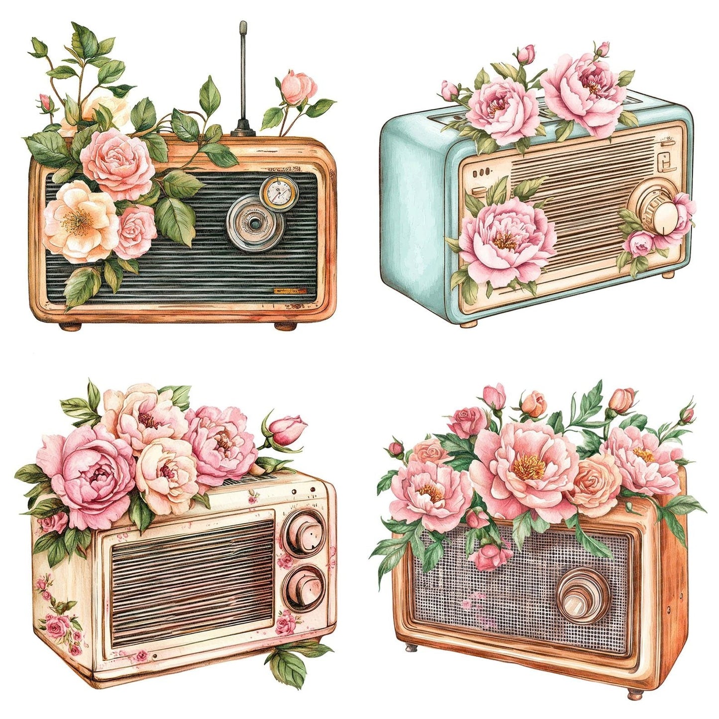 Retro Radio with Florals Clipart Set (DDD006418)