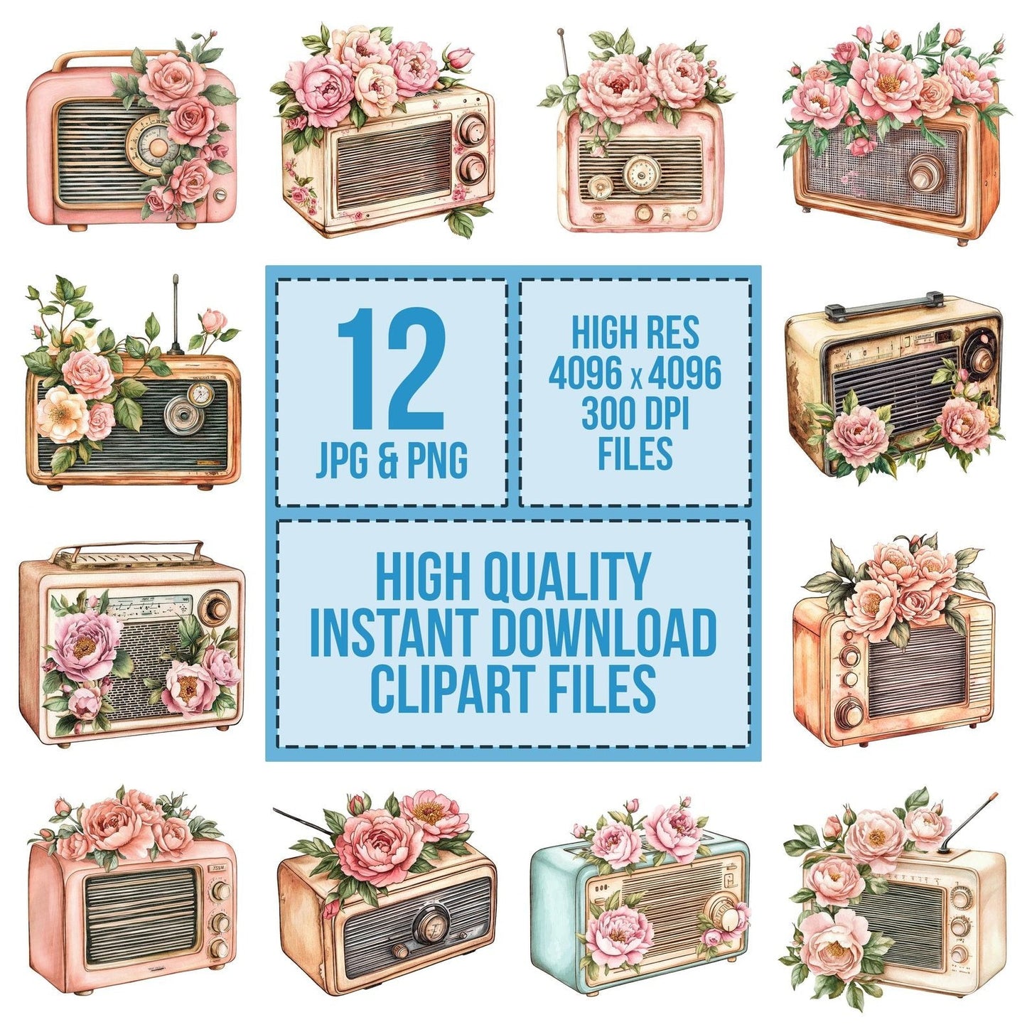 Retro Radio with Florals Clipart Set (DDD006418)