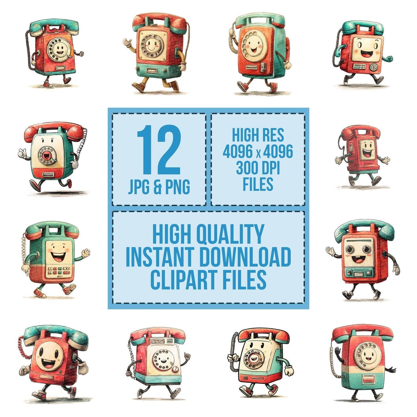 Retro Telephone Character Clipart Set (DDD006425)