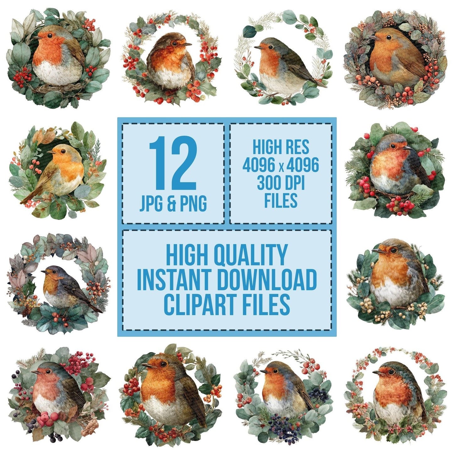 Robin in Christmas Wreath Clipart Set (DDD006436)