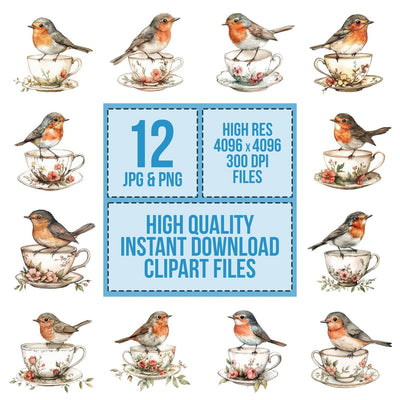 Robin on Teacup clipart set cover showing the designs and file details