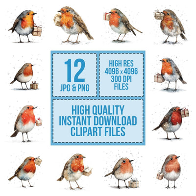 Robin with Christmas Gift clipart set cover showing the designs and file details