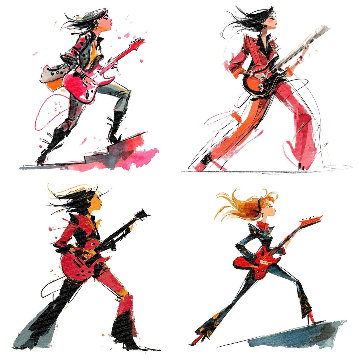 Rock Guitarist Woman Clipart Set (DDD006446)
