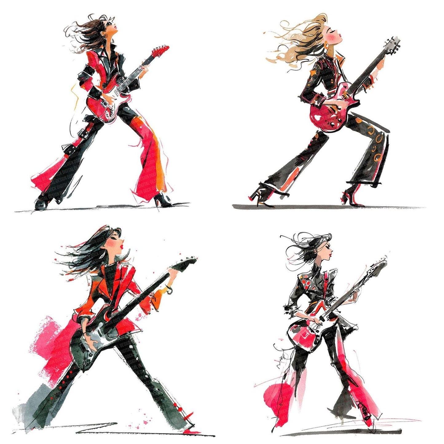 Rock Guitarist Woman Clipart Set (DDD006446)