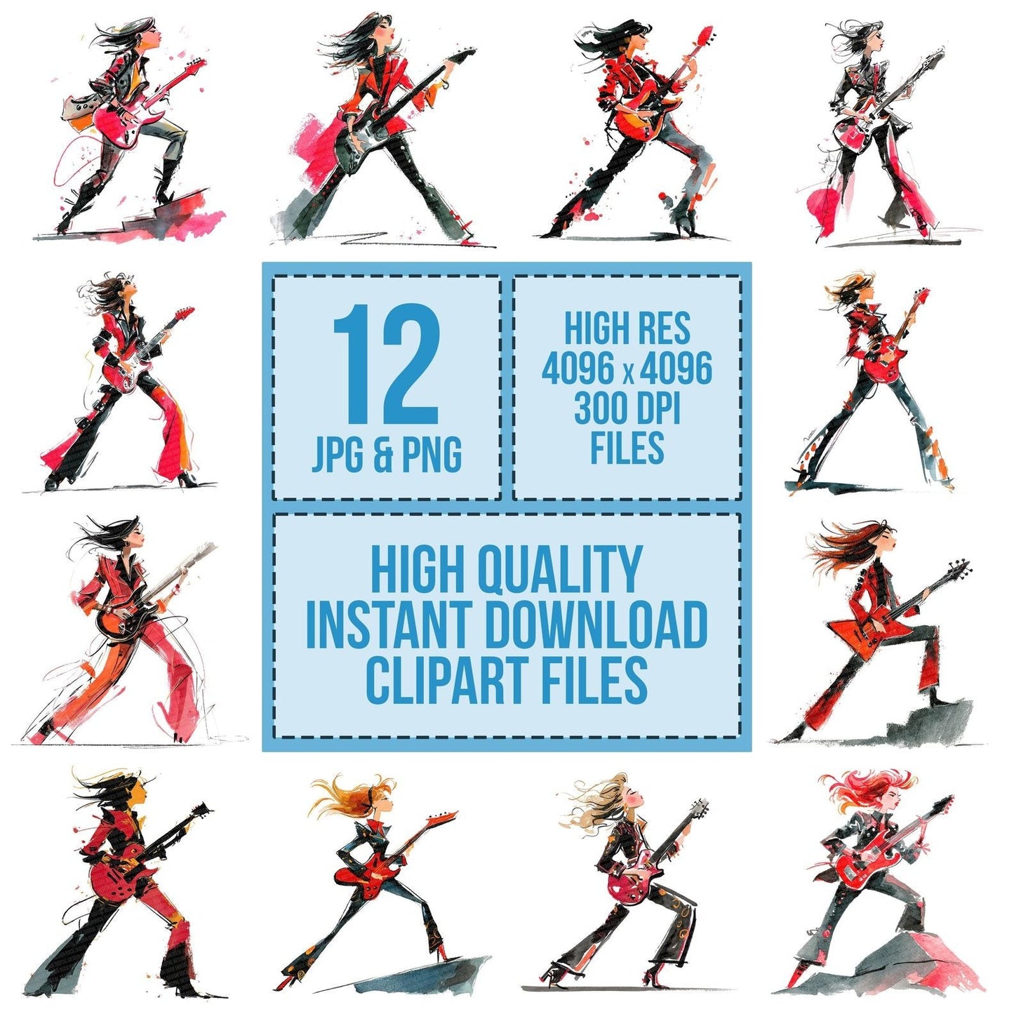 Rock Guitarist Woman Clipart Set (DDD006446)
